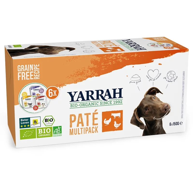 Multi Pack pâtés pour chien dinde, poulet & bœuf BIO - 6x150g - Yarrah