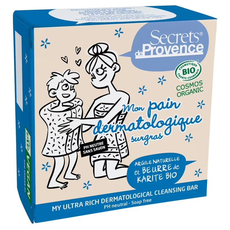 Pain dermatologique surgras sans savon BIO argile - 89g - Secrets de Provence